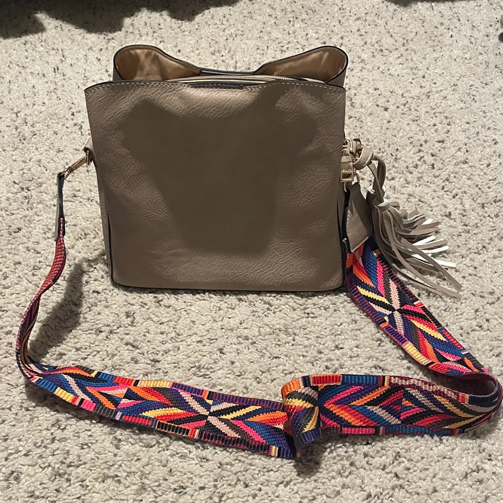 Beige Handbag with Colorful Strap